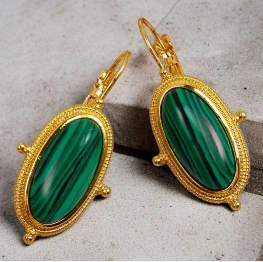 18k Gold Plated Malachite Cabochon Dangle Earrings